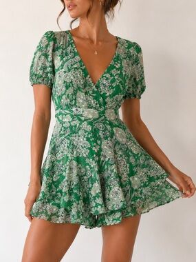 Allison & Kelly Green Floral Romper Puff Sleeve Cottagecore Dress Look